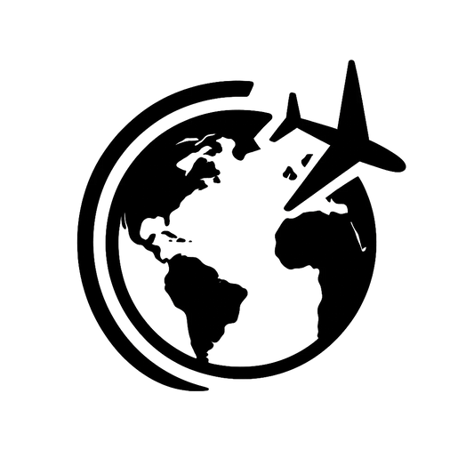 Black icon of globe showing Americas and Europe with airplane and curved path representing worldwide shipping